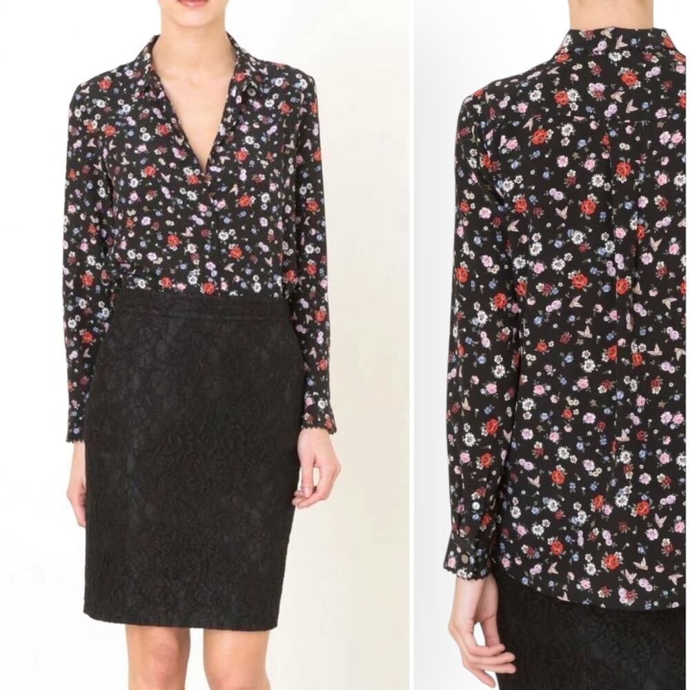 THE KOOPLES 100% Silk Floral Button Up Blouse Dark Romantic Career Office Work